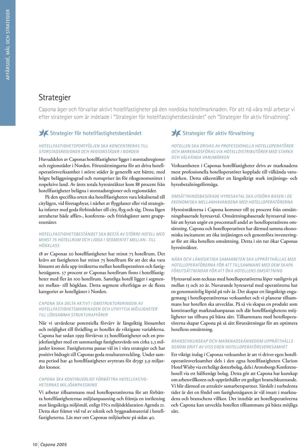 Strategier för hotellfastighetsbeståndet HOTELLFASTIGHETSPORTFÖLJEN SKA KONCENTRERAS TILL STORSTADSREGIONER OCH REGIONSTÄDER I NORDEN Huvuddelen av Caponas hotellfastigheter ligger i