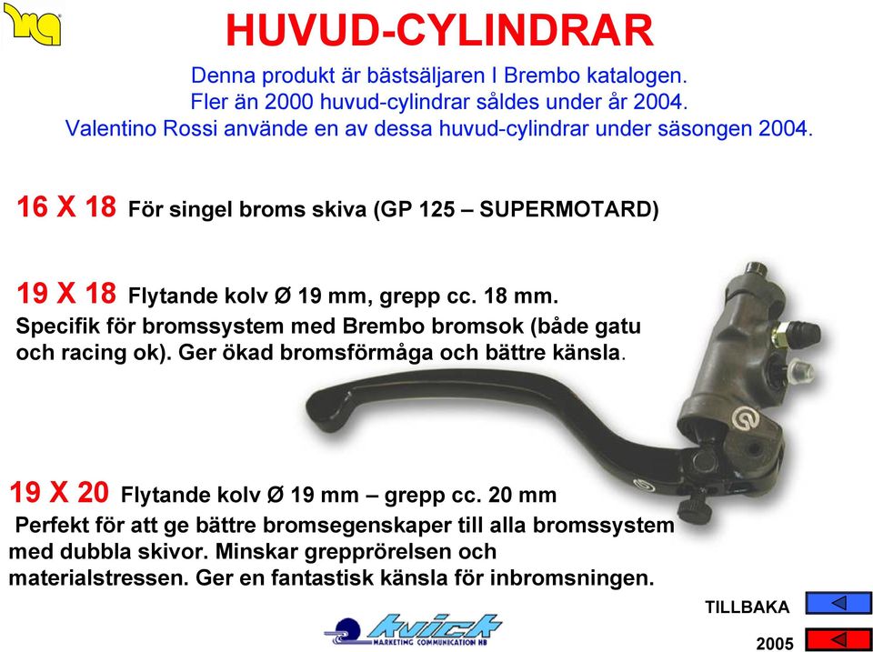 16 X 18 För singel broms skiva (GP 125 SUPERMOTARD) 19 X 18 Flytande kolv Ø 19 mm, grepp cc. 18 mm.