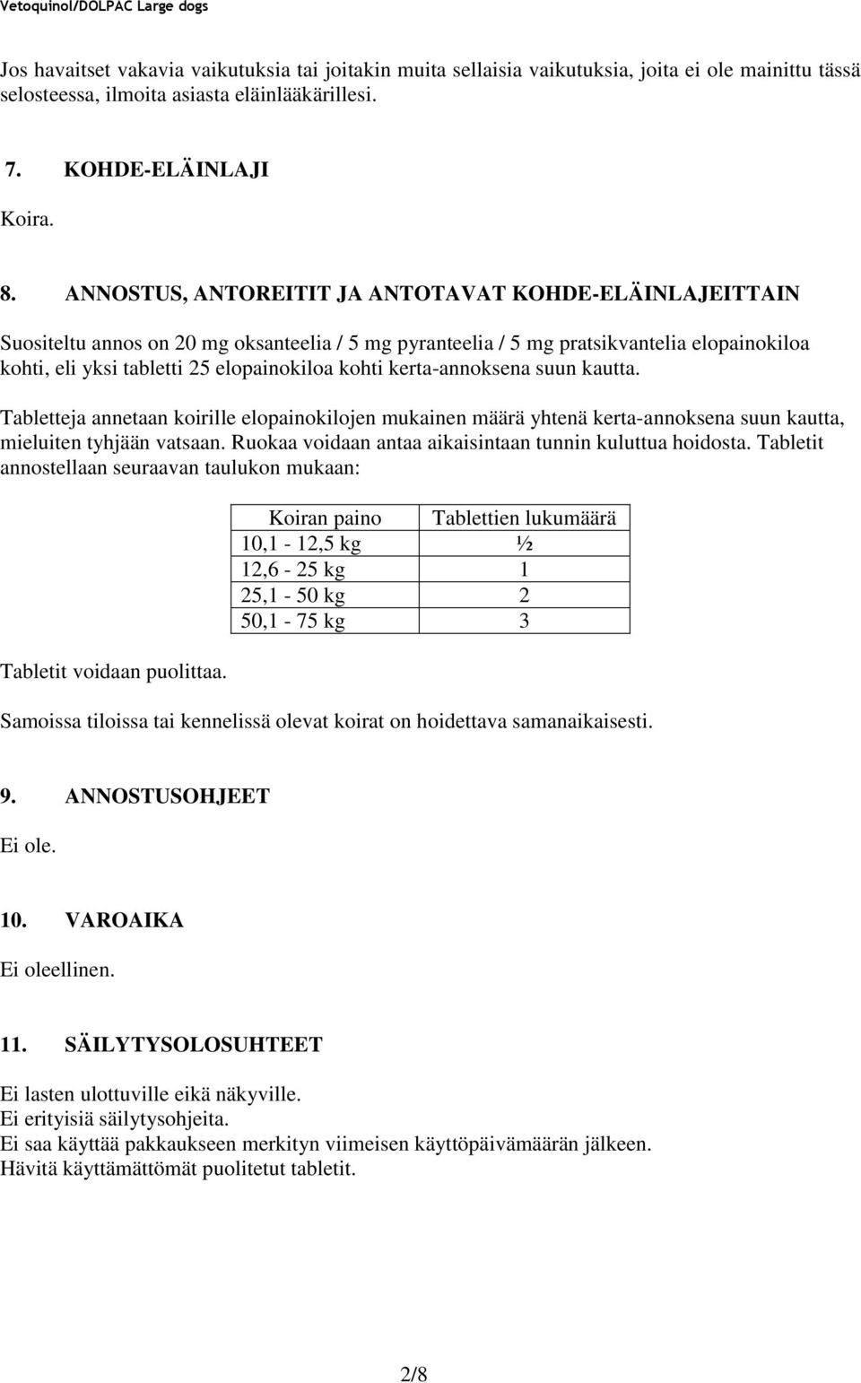 kerta-annoksena suun kautta. Tabletteja annetaan koirille elopainokilojen mukainen määrä yhtenä kerta-annoksena suun kautta, mieluiten tyhjään vatsaan.