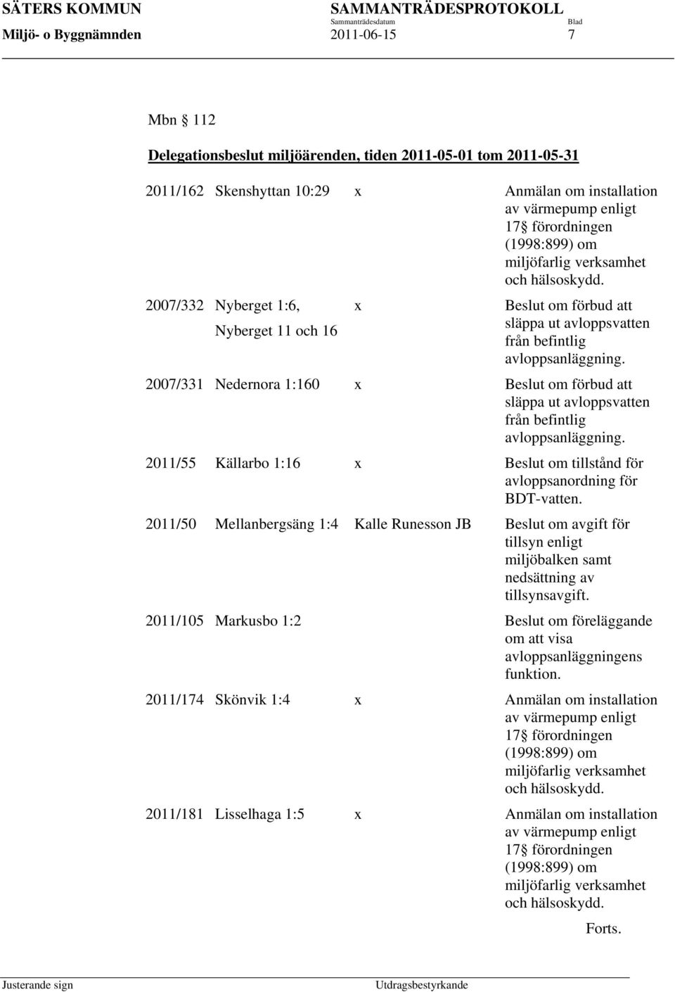 2007/331 Nedernora 1:160 x Beslut om förbud att släppa ut avloppsvatten från befintlig avloppsanläggning. 2011/55 Källarbo 1:16 x Beslut om tillstånd för avloppsanordning för BDT-vatten.