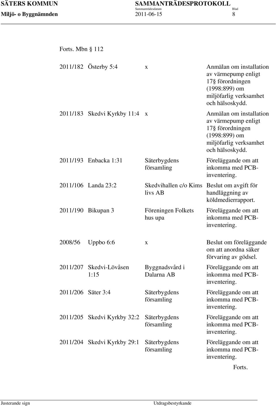 2011/193 Enbacka 1:31 Säterbygdens församling 2011/106 Landa 23:2 Skedvihallen c/o Kims livs AB 2011/190 Bikupan 3 Föreningen Folkets hus upa Beslut om avgift för handläggning av köldmedierrapport.