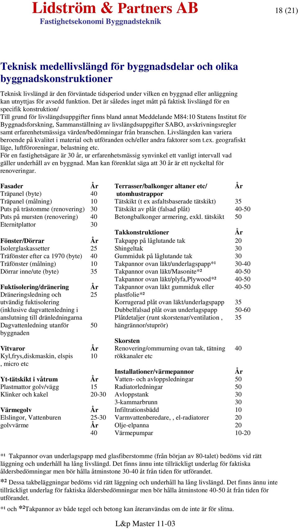 Det är således inget mått på faktisk livslängd för en specifik konstruktion/ Till grund för livslängdsuppgifter finns bland annat Meddelande M84:10 Statens Institut för Byggnadsforskning,