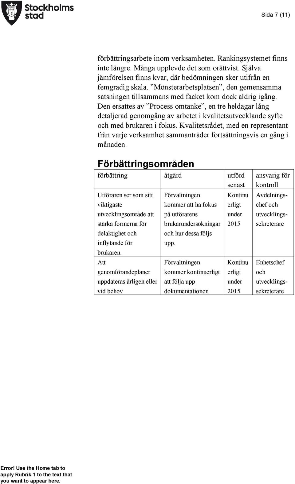 Den ersattes av Process omtanke, en tre heldagar lång detaljerad genomgång av arbetet i kvalitetsutvecklande syfte och med brukaren i fokus.