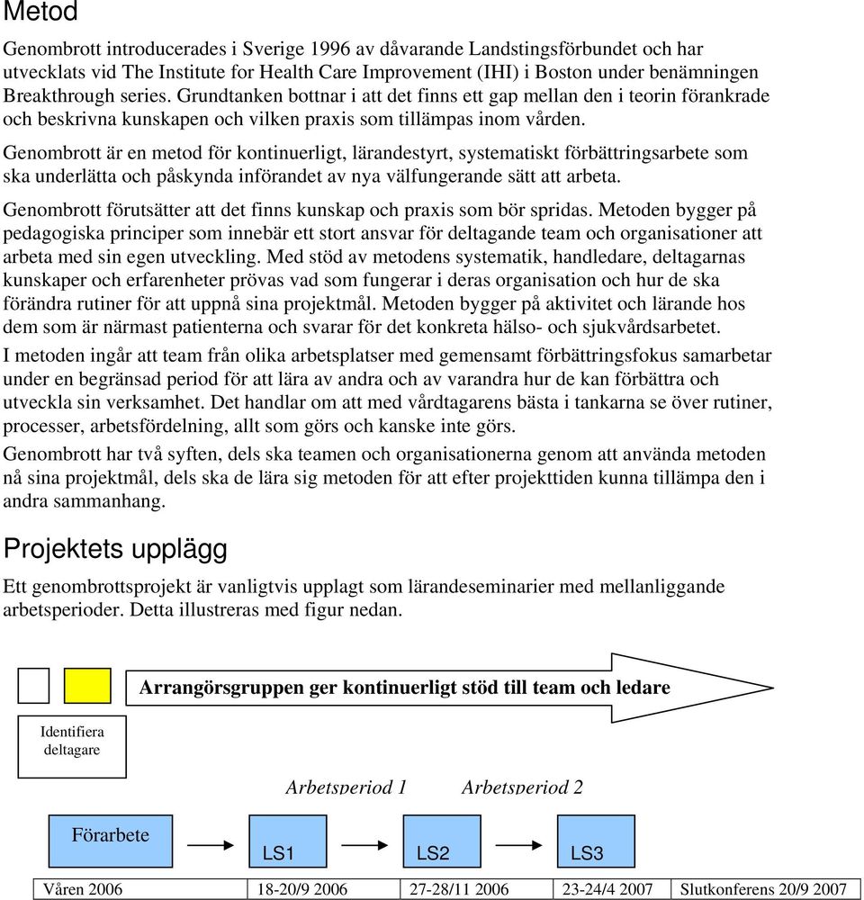 Genombrott är en metod för kontinuerligt, lärandestyrt, systematiskt förbättringsarbete som ska underlätta och påskynda införandet av nya välfungerande sätt att arbeta.