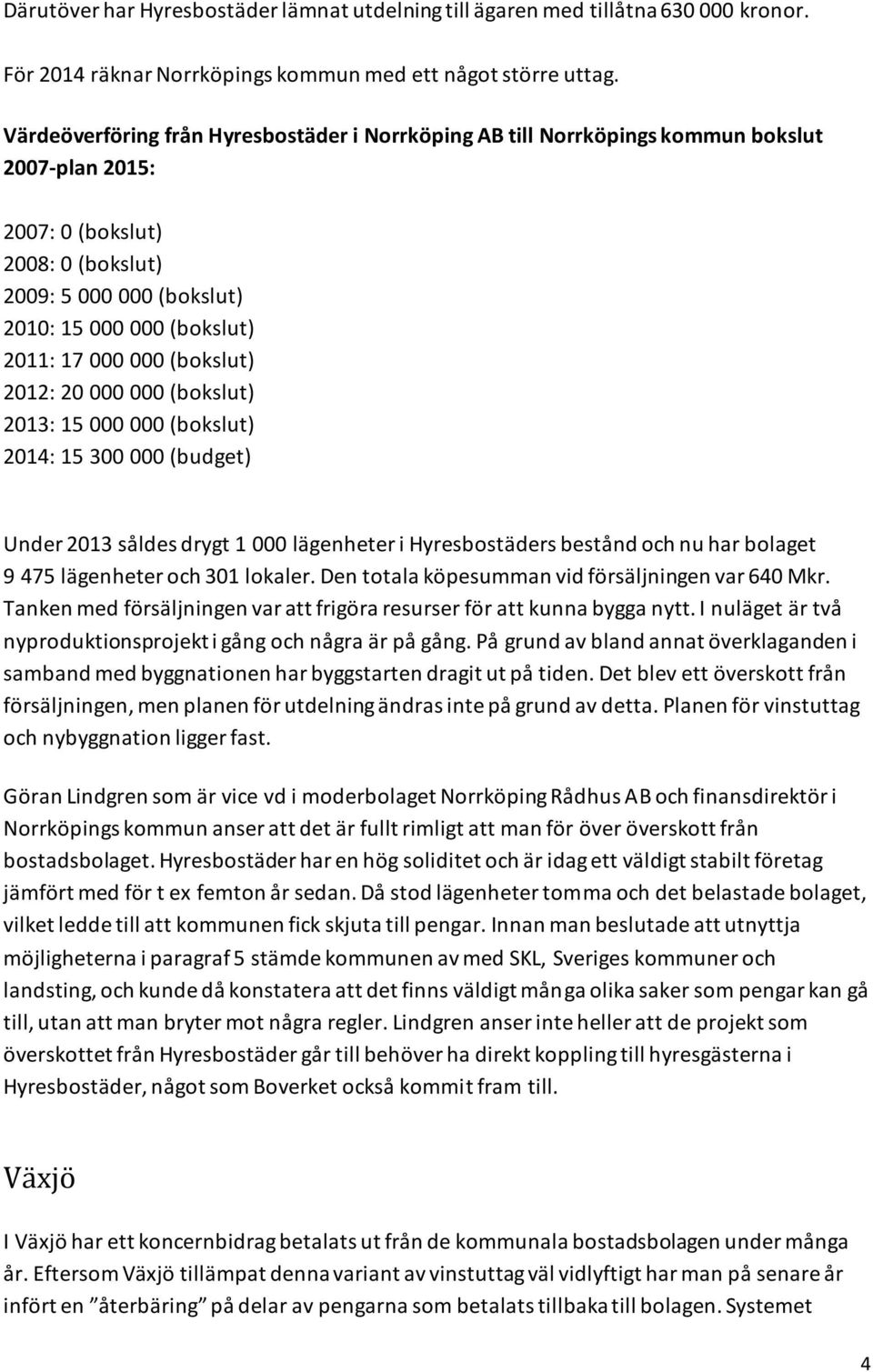 000 000 (bokslut) 2012: 20 000 000 (bokslut) 2013: 15 000 000 (bokslut) 2014: 15 300 000 (budget) Under 2013 såldes drygt 1 000 lägenheter i Hyresbostäders bestånd och nu har bolaget 9 475 lägenheter