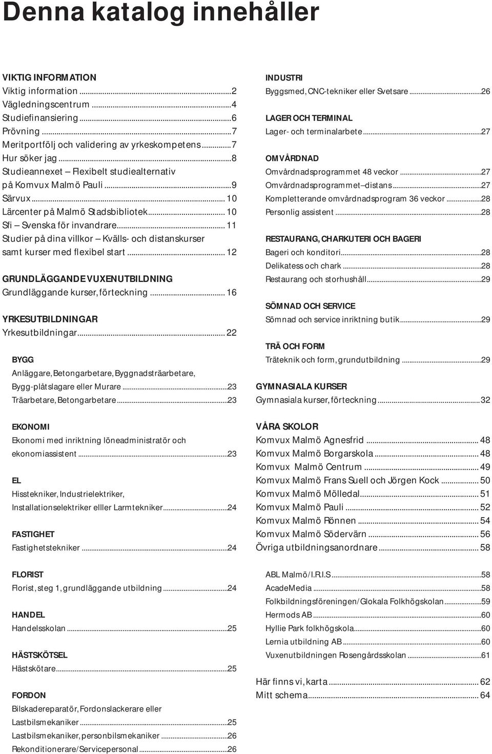 .. 11 Studier på dina villkor Kvälls- och distanskurser samt kurser med flexibel start... 12 GRUNDLÄGGANDE VUXENUTBILDNING Grundläggande kurser, förteckning... 16 YRKESUTBILDNINGAR Yrkesutbildningar.