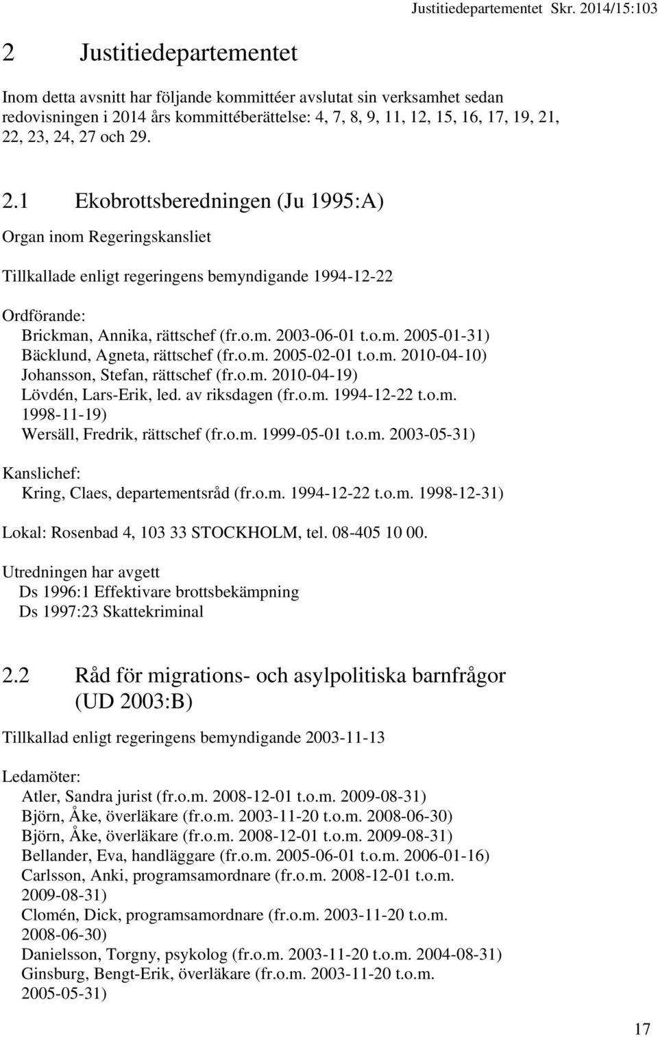 23, 24, 27 och 29. 2.1 Ekobrottsberedningen (Ju 1995:A) Organ inom Regeringskansliet Tillkallade enligt regeringens bemyndigande 1994-12-22 Ordförande: Brickman, Annika, rättschef (fr.o.m. 2003-06-01 t.