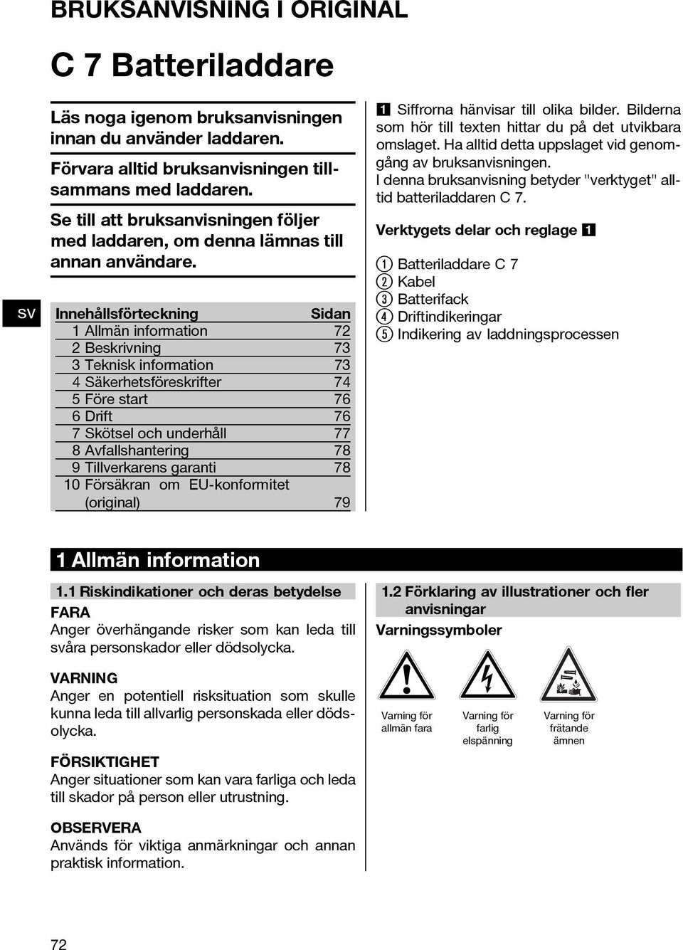 Innehållsförteckning Sidan 1 Allmän information 72 2 Beskrivning 73 3 Teknisk information 73 4 Säkerhetsföreskrifter 74 5 Före start 76 6Drift 76 7 Skötsel och underhåll 77 8 Avfallshantering 78 9