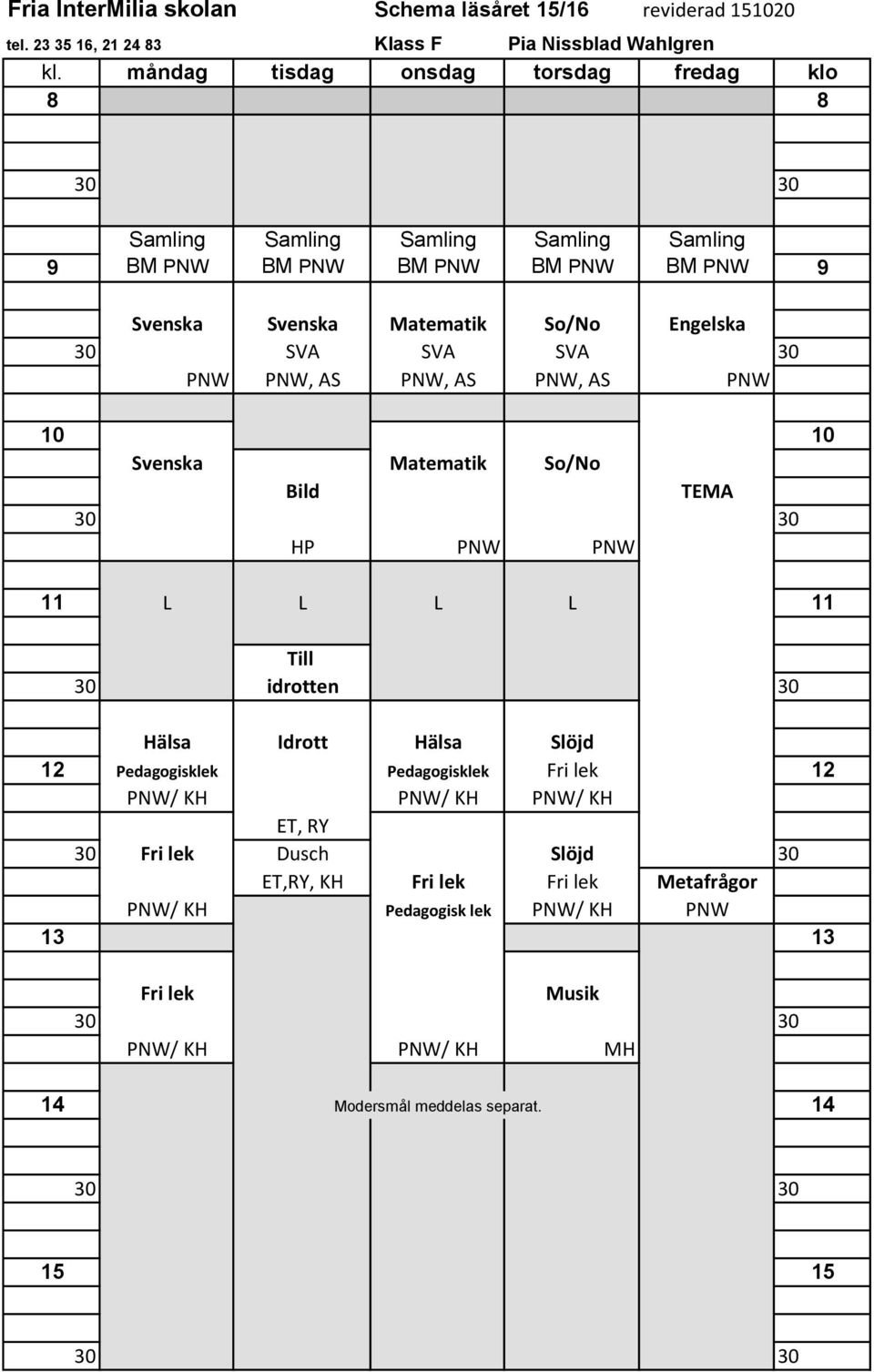 Idrott Hälsa Slöjd 12 Pedagogisklek Pedagogisklek Fri lek 12 PNW/ KH PNW/ KH PNW/ KH ET, RY Fri lek Dusch Slöjd ET,RY, KH Fri