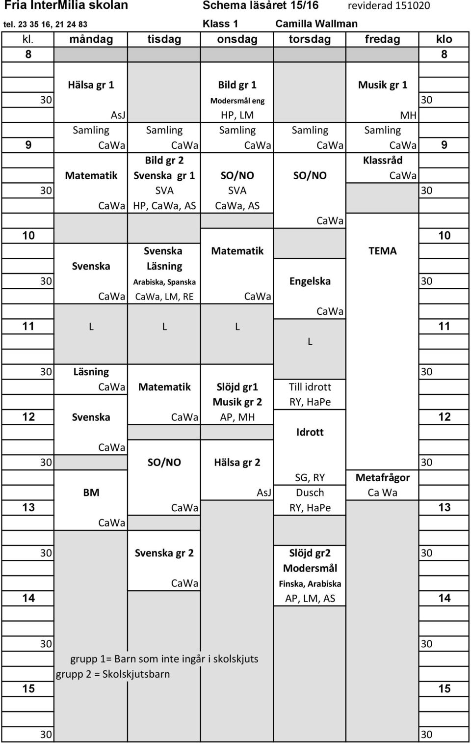 CaWa CaWa 11 11 äsning CaWa Matematik Slöjd gr1 Till idrott Musik gr 2 RY, HaPe 12 CaWa AP, MH 12 Idrott CaWa SO/NO Hälsa gr 2 SG, RY Metafrågor AsJ Dusch Ca