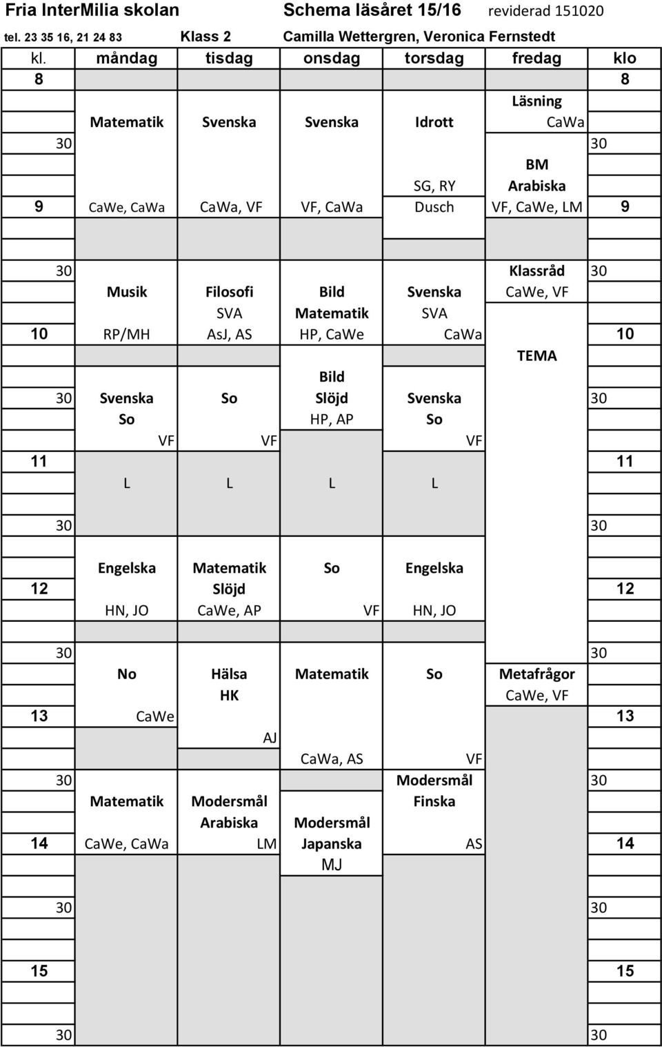 Slöjd So HP, AP So VF VF VF Engelska Matematik So Engelska 12 Slöjd 12 HN, JO CaWe, AP VF HN, JO No Hälsa Matematik So Metafrågor