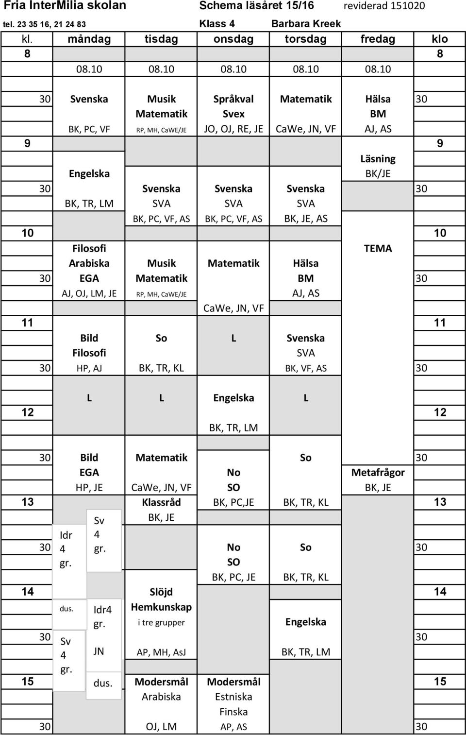 10 Musik Språkval Matematik Hälsa Matematik Svex BK, PC, VF RP, MH, CaWE/JE JO, OJ, RE, JE CaWe, JN, VF AJ, AS 9 9 äsning Engelska BK/JE BK, TR, M SVA SVA SVA BK, PC, VF, AS BK, PC, VF, AS