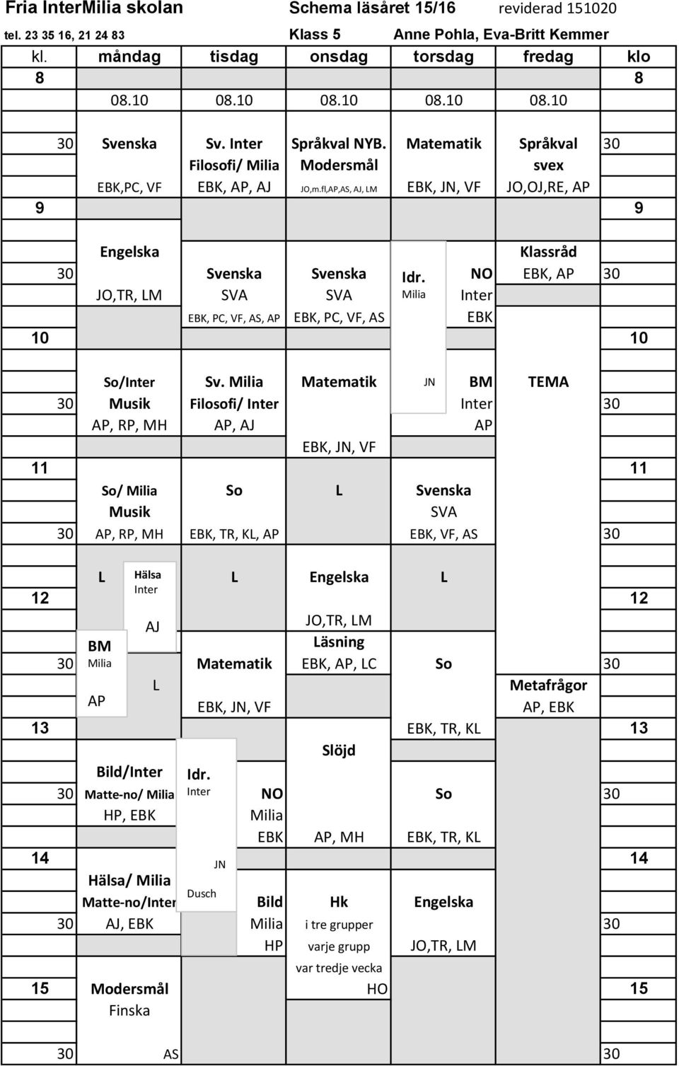 Milia Matematik JN Musik Filosofi/ Inter Inter AP, RP, MH AP, AJ AP EBK, JN, VF So/ Milia So Musik SVA AP, RP, MH EBK, TR, K, AP EBK, VF, AS Hälsa Engelska Inter 12 12 AJ JO,TR, M äsning Milia