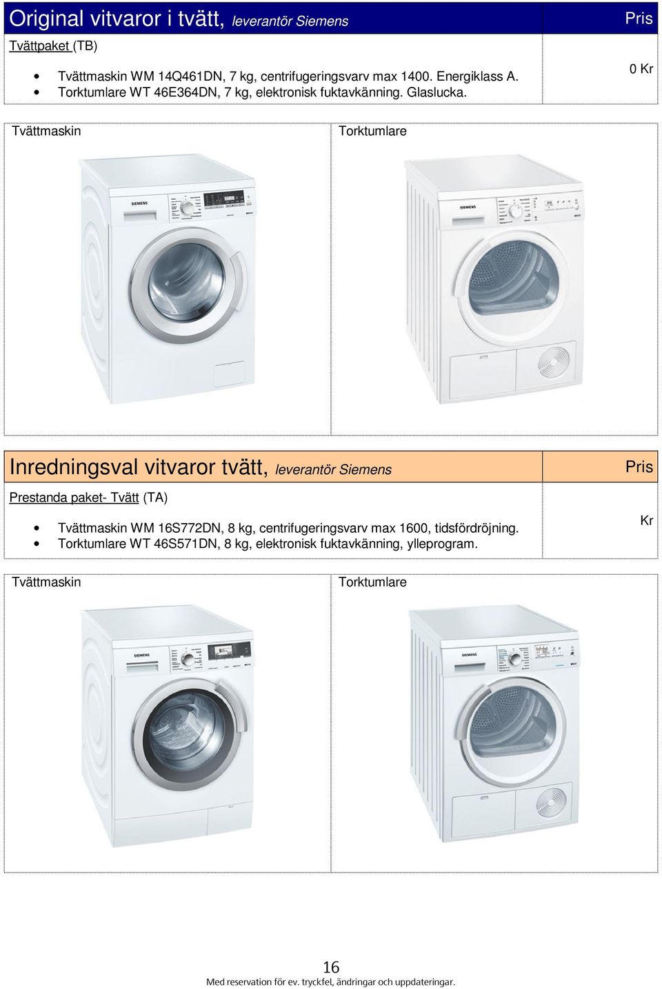 0 Tvättmaskin Torktumlare Inredningsval vitvaror tvätt, leverantör Siemens Prestanda paket- Tvätt (TA) Tvättmaskin WM