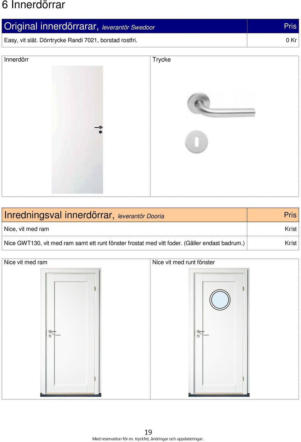 0 Innerdörr Trycke Inredningsval innerdörrar, leverantör Dooria Nice, vit med ram