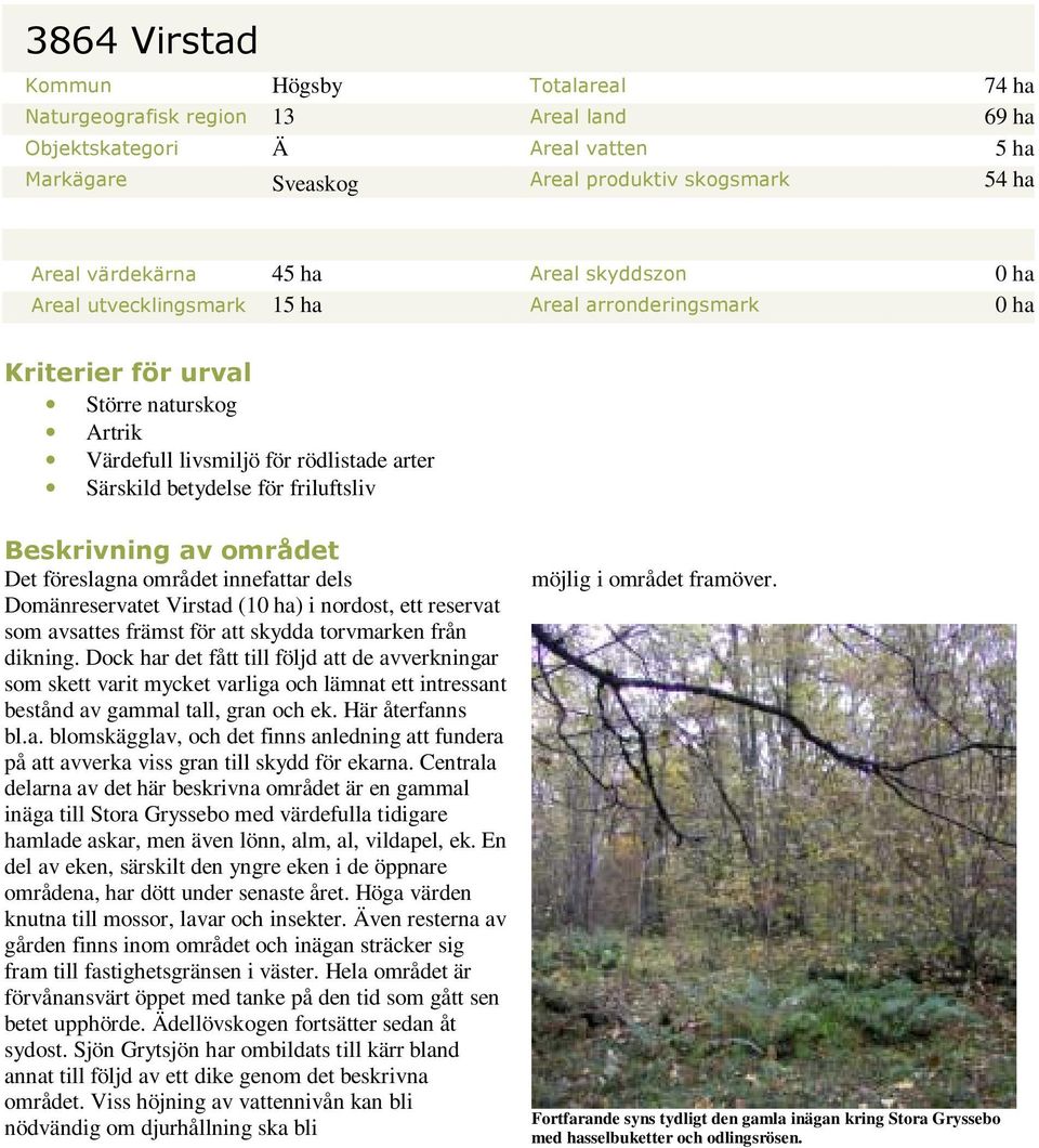 Beskrivning av området Det föreslagna området innefattar dels Domänreservatet Virstad (10 ha) i nordost, ett reservat som avsattes främst för att skydda torvmarken från dikning.