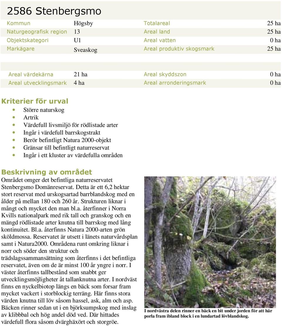 Berör befintligt Natura 2000-objekt Gränsar till befintligt naturreservat Ingår i ett kluster av värdefulla områden Beskrivning av området Området omger det befintliga naturreservatet Stenbergsmo