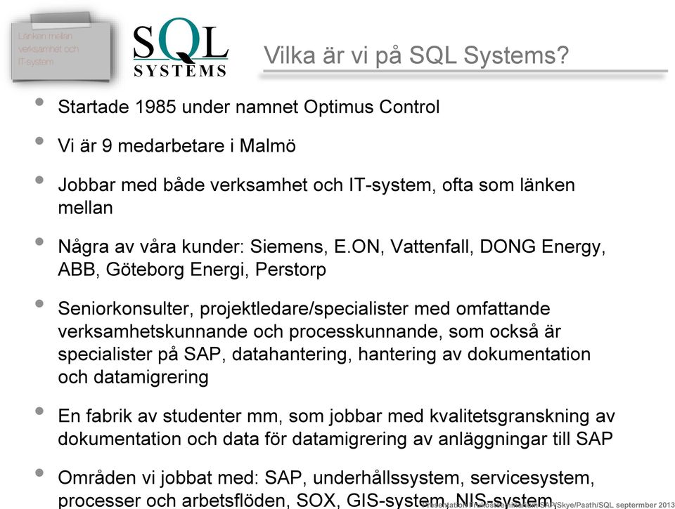 ON, Vattenfall, DONG Energy, ABB, Göteborg Energi, Perstorp Seniorkonsulter, projektledare/specialister med omfattande verksamhetskunnande och processkunnande, som också är specialister på