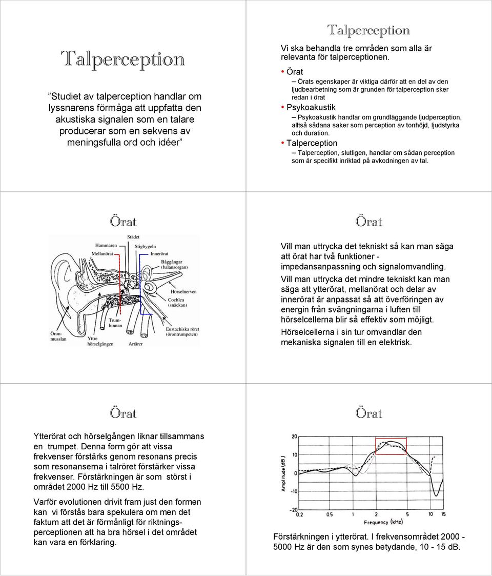 s egenskaper är viktiga därför att en del av den ljudbearbetning som är grunden för talperception sker redan i örat Psykoakustik Psykoakustik handlar om grundläggande ljudperception, alltså sådana