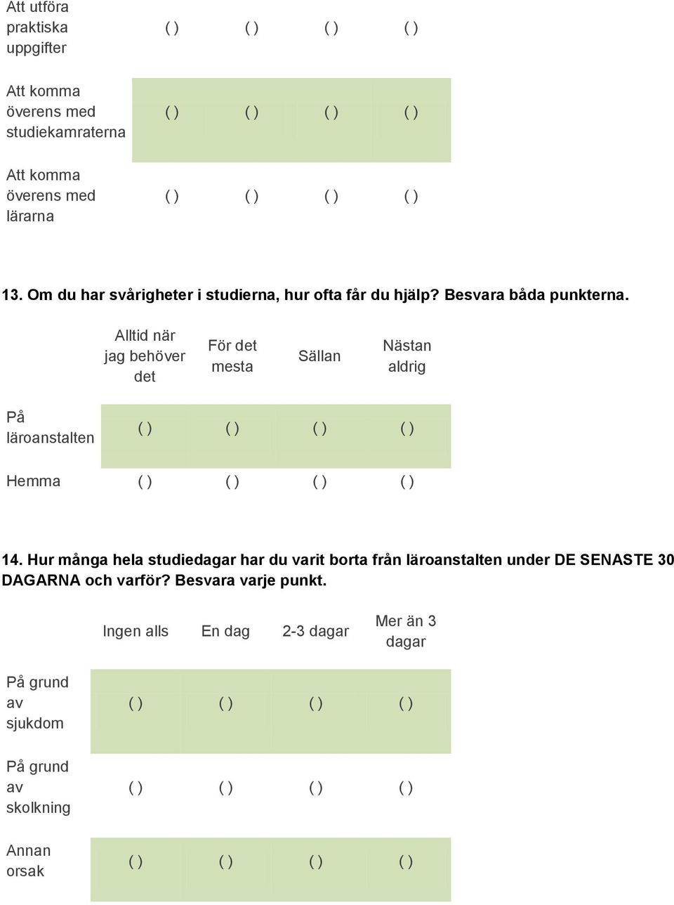 Alltid när jag behöver det För det mesta Sällan Nästan aldrig På läroanstalten Hemma 14.