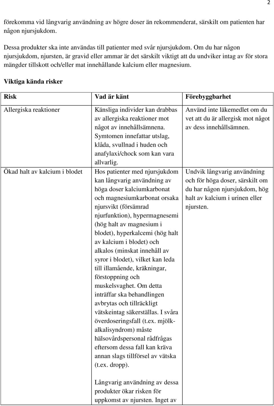 Viktiga kända risker Allergiska reaktioner Ökad halt av kalcium i blodet Känsliga individer kan drabbas av allergiska reaktioner mot något av innehållsämnena.