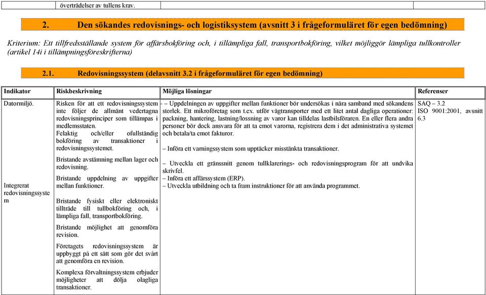 transportbokföring, vilket möjliggör lämpliga tullkontroller (artikel 14i i tillämpningsföreskrifterna) 2.1. Redovisningssystem (delavsnitt 3.2 i frågeformuläret för egen bedömning) Datormiljö.