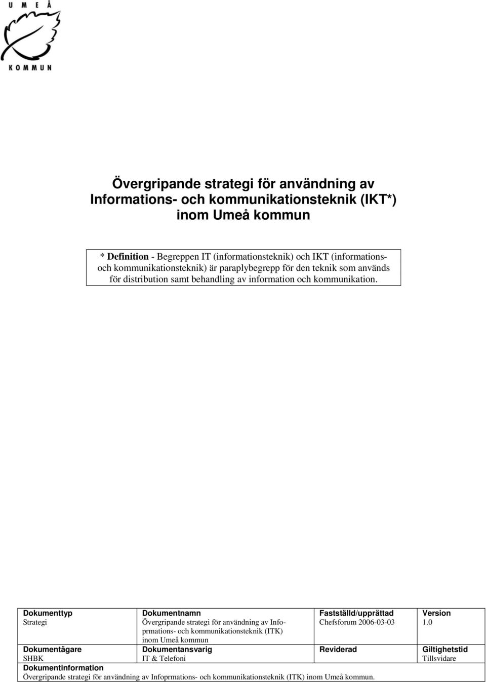 Dokumenttyp Strategi Dokumentnamn Övergripande strategi för användning av Infoprmations- och kommunikationsteknik (ITK) inom Umeå kommun Dokumentansvarig IT & Telefoni