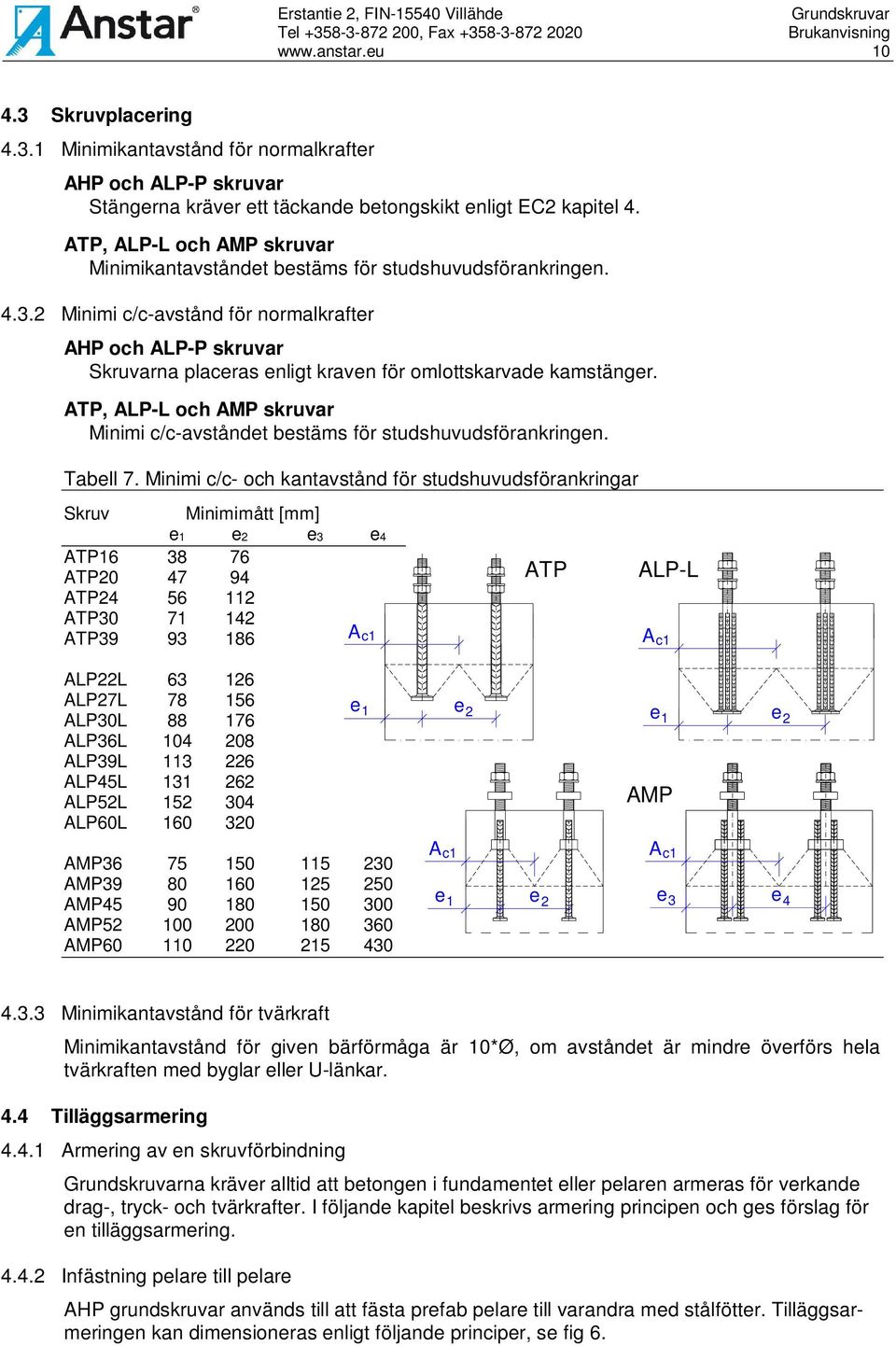 2 Minimi c/c-avstånd för normalkrafter AHP och ALP-P skruvar Skruvarna placeras enligt kraven för omlottskarvade kamstänger.