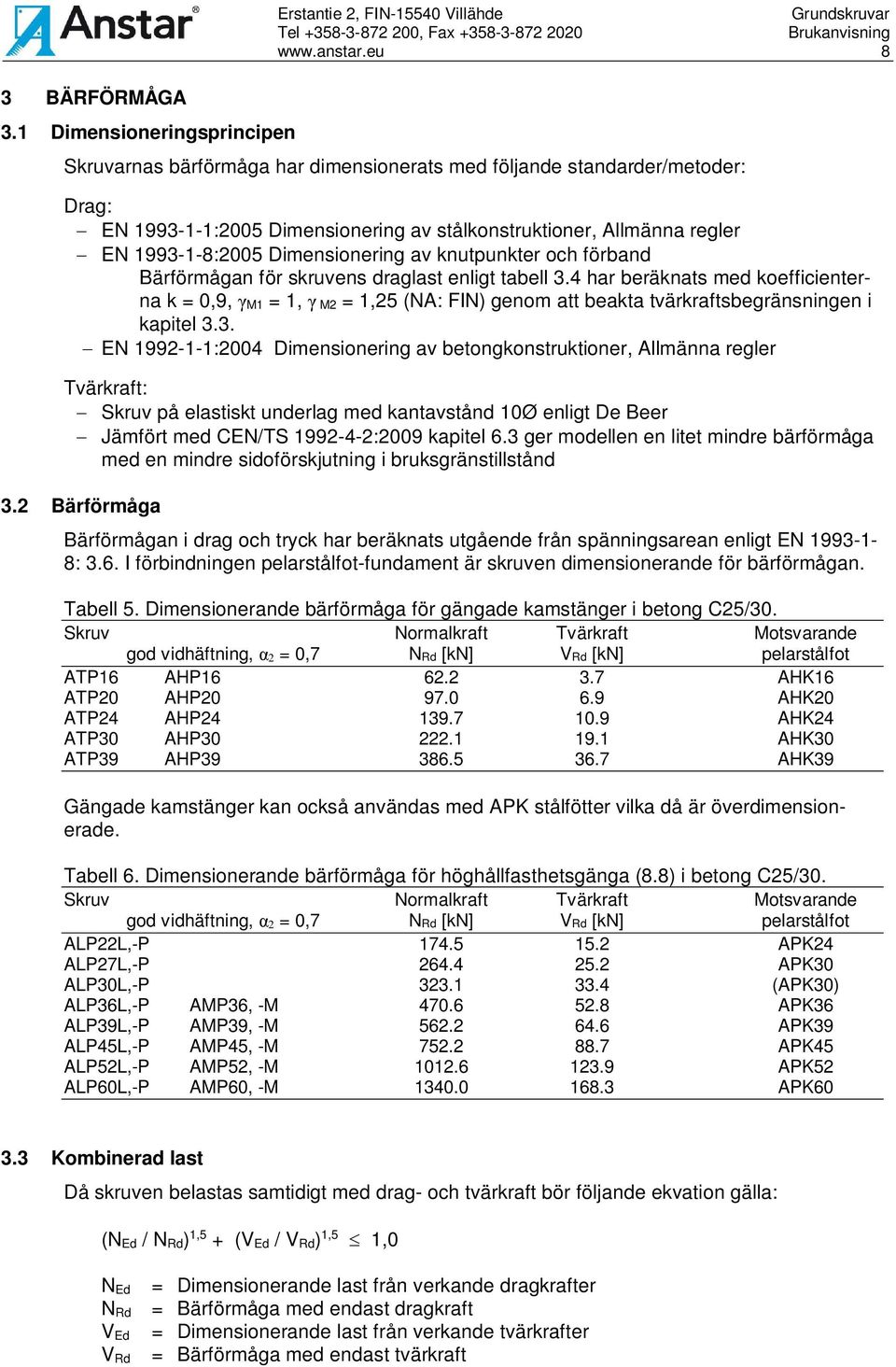 knutpunkter och förband Bärförmågan för skruvens draglast enligt tabell 3.