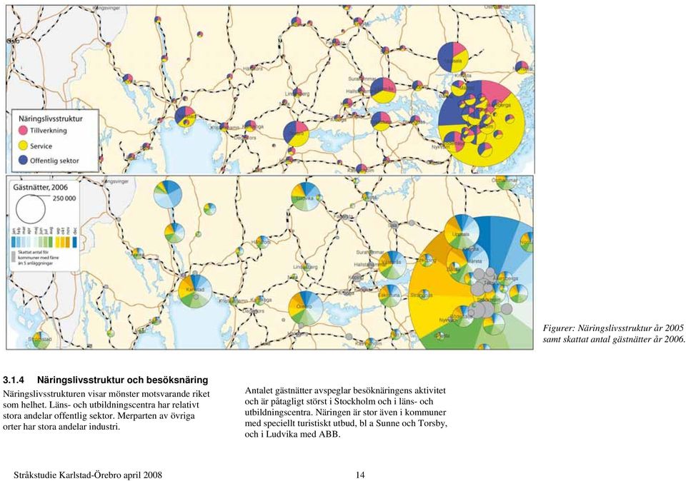 Läns- och utbildningscentra har relativt stora andelar offentlig sektor. Merparten av övriga orter har stora andelar industri.