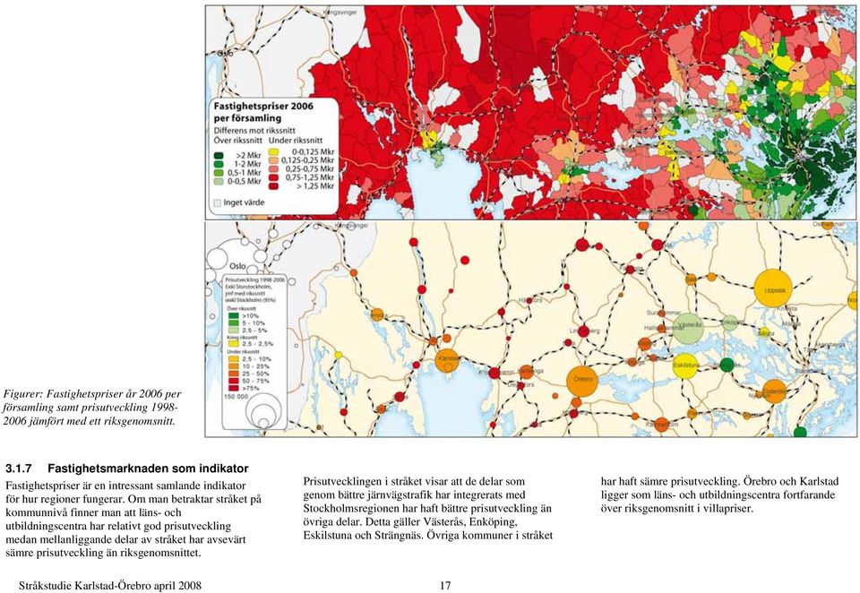 riksgenomsnittet. Prisutvecklingen i stråket visar att de delar som genom bättre järnvägstrafik har integrerats med Stockholmsregionen har haft bättre prisutveckling än övriga delar.
