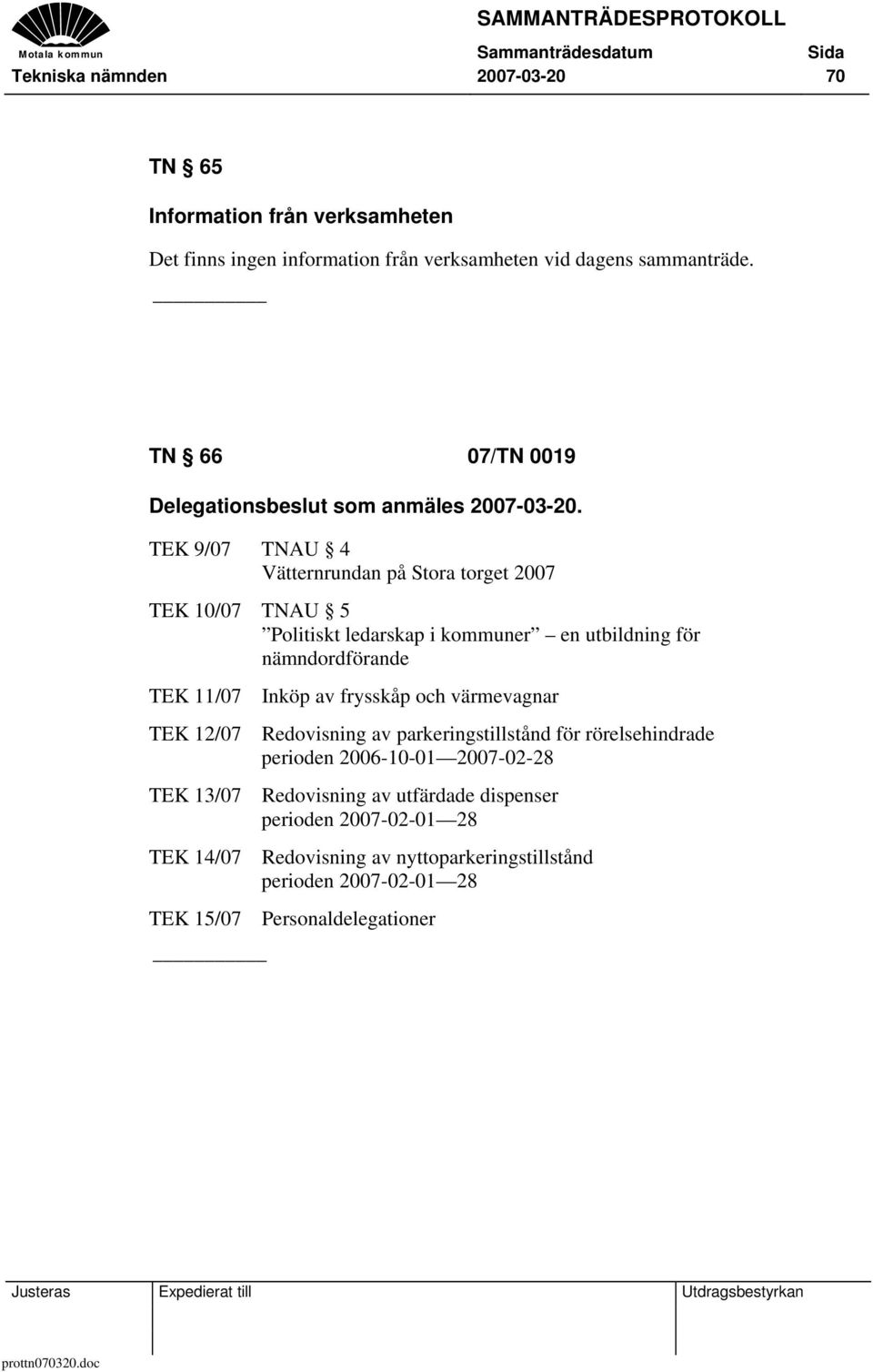 TEK 9/07 TNAU 4 Vätternrundan på Stora torget 2007 TEK 10/07 TNAU 5 Politiskt ledarskap i kommuner en utbildning för nämndordförande TEK 11/07 Inköp av