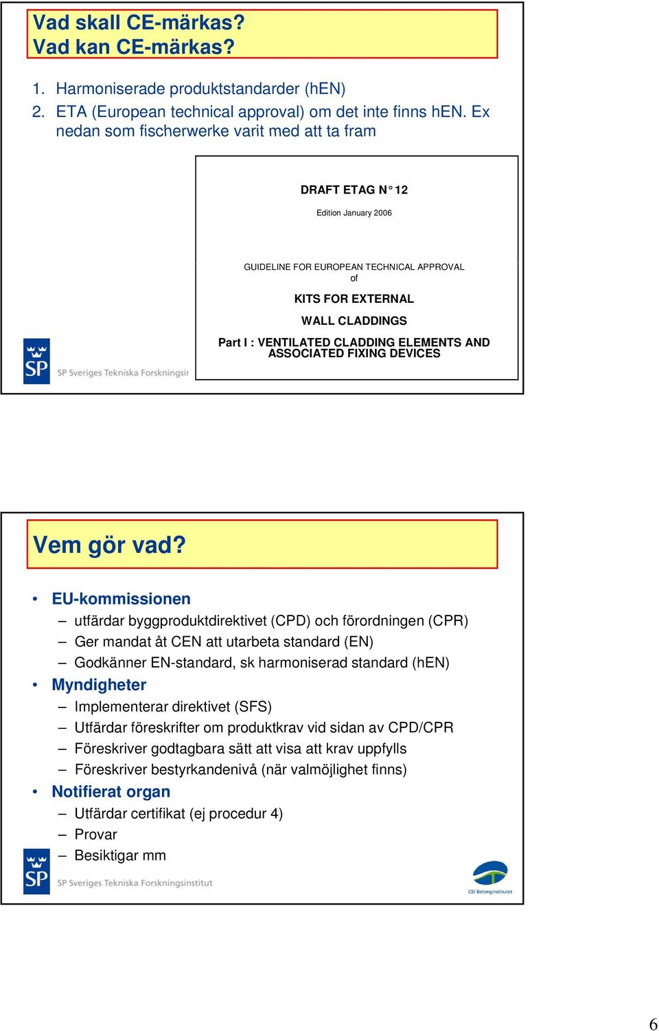 ELEMENTS AND ASSOCIATED FIXING DEVICES Vem gör vad?