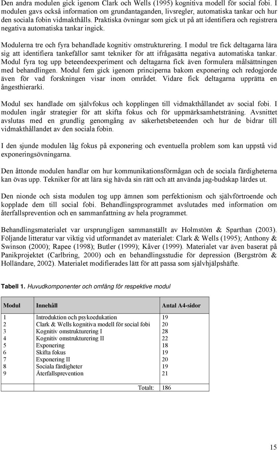 Praktiska övningar som gick ut på att identifiera och registrera negativa automatiska tankar ingick. Modulerna tre och fyra behandlade kognitiv omstrukturering.