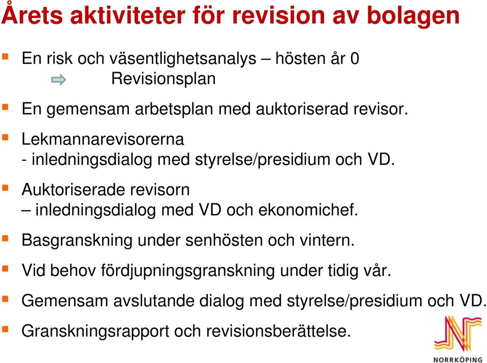 Auktoriserade revisorn inledningsdialog med VD och ekonomichef. Basgranskning under senhösten och vintern.