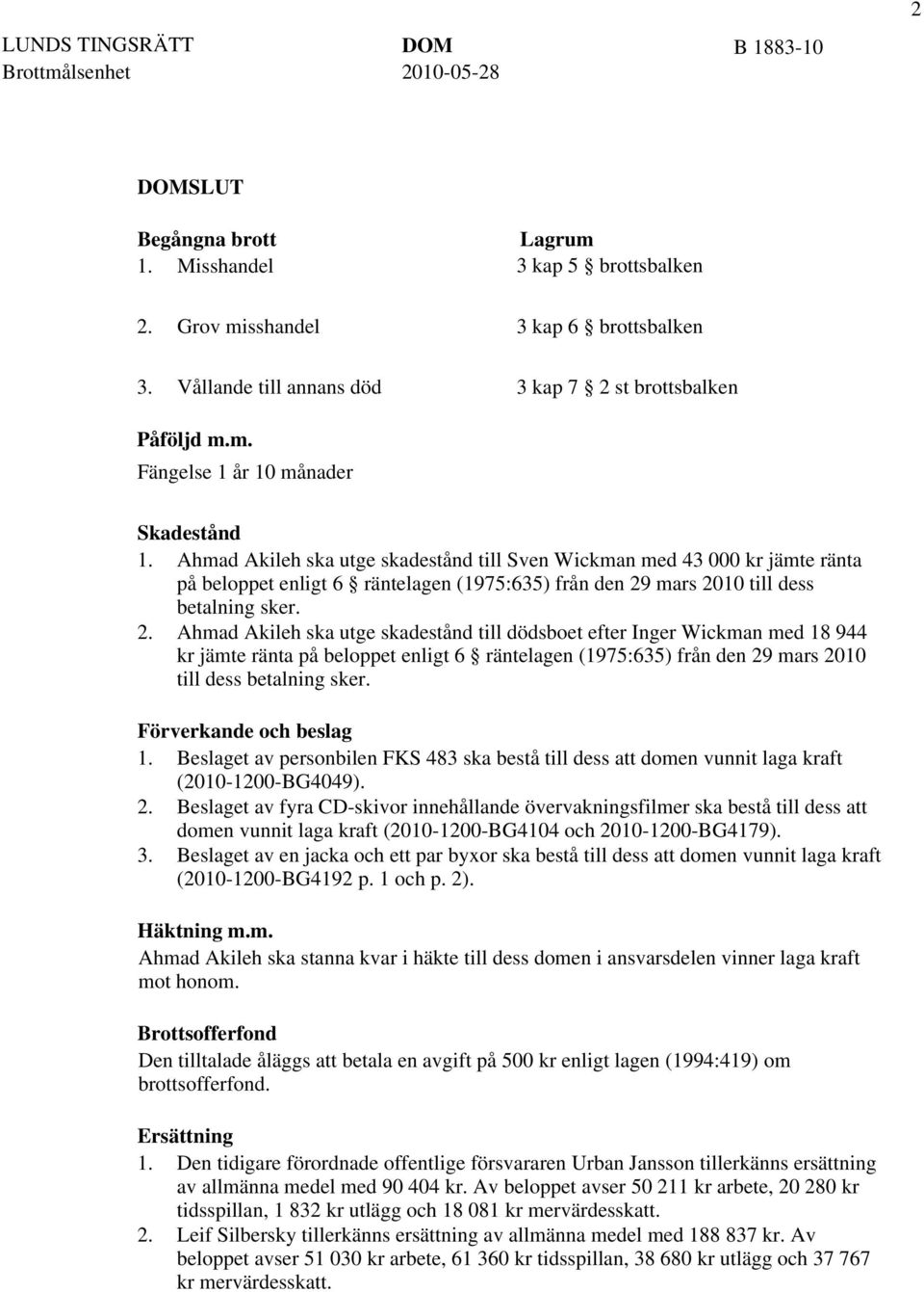 mars 2010 till dess betalning sker. 2. Ahmad Akileh ska utge skadestånd till dödsboet efter Inger Wickman med 18 944 kr jämte ränta på beloppet enligt 6 räntelagen (1975:635) från den 29 mars 2010 till dess betalning sker.