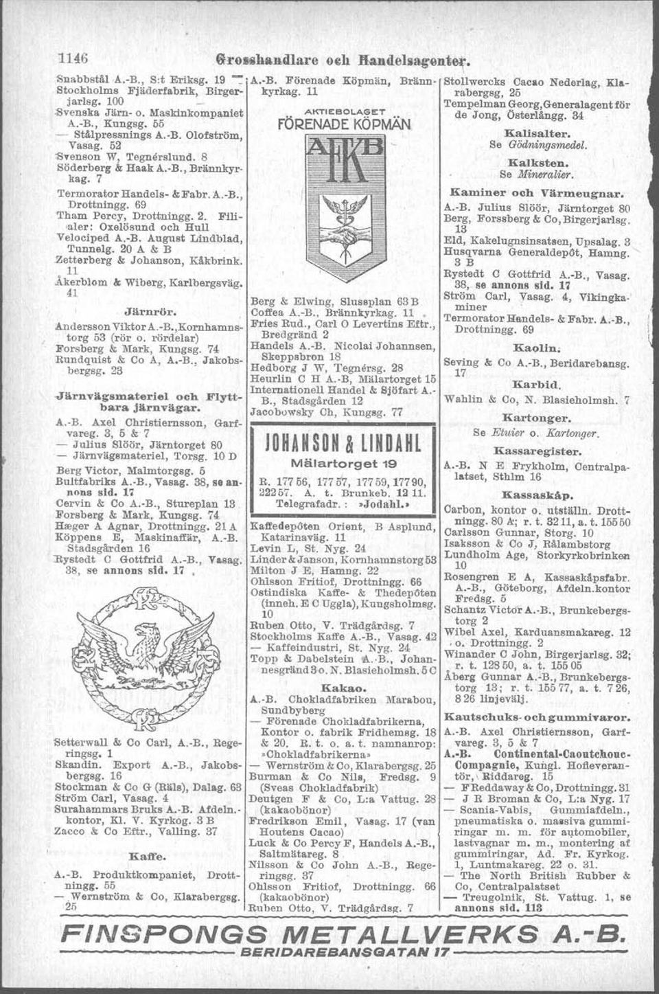 20 A & B Zetterberg & Johanson, Kåkbrink. 11 Åkerblom '" Wiberg, Karlbergsväg. 41 Järnrör. Andersson Viktor A.-B.,Kornhamns-. torg 53 (rör o. rördeiar) Forsberg & Mark, Kungsg. 4 Rundquist & Co A, A.