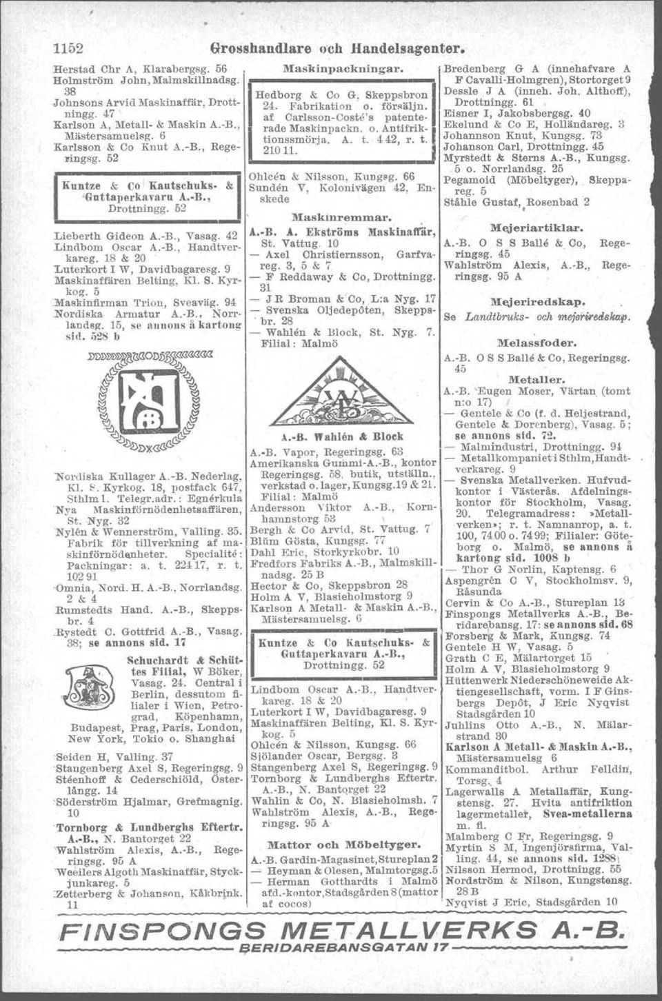 4 \ af Oar'lsson-Ooste'a patente- Eisner I, Jakobsbergsg. 40 Karlson A, Meta.Il- & Maskin A.-B., rade Maskinpackn. o. Antlfrik- Ekelund & Co E, Holländareg. 3 Mästersamuelsg. 6 tionssmörja. A. t. 442, r.