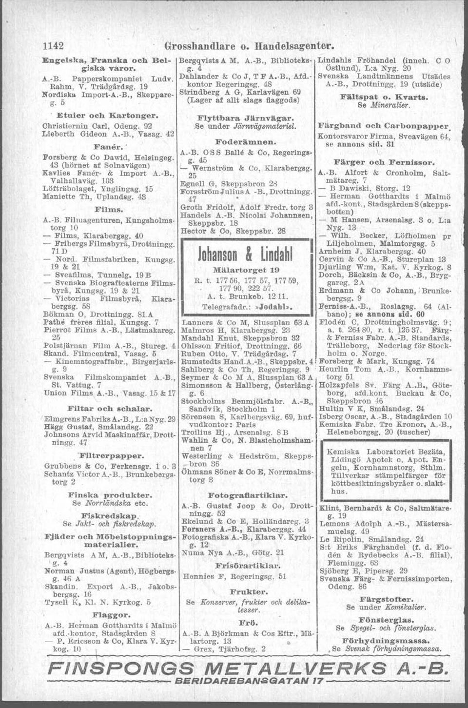 15' Maniette Th, Uplandsg. 43 Films. A.-B. Filmagentureo, Knngsholmstorg 10 - Films, Klarabergsg. 40 - Fribergs Filmsbyrå, Drottningg. 1D - Nord. Filmsfabriken, Kungsg. 19 & 21. - Sveafilms, Tunnelg.