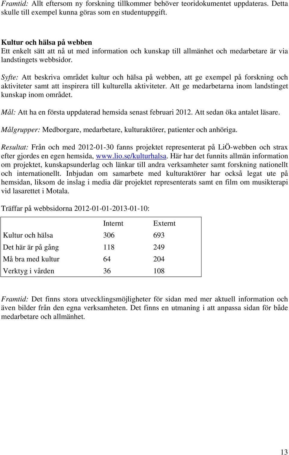 Syfte: Att beskriva området kultur och hälsa på webben, att ge exempel på forskning och aktiviteter samt att inspirera till kulturella aktiviteter.