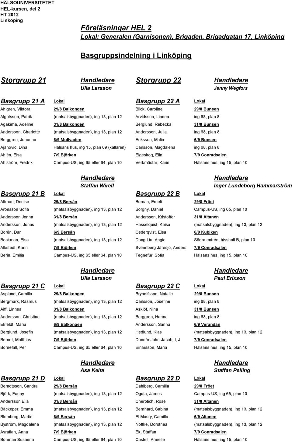 plan 12 Arvidsson, Linnea ing 68, plan 8 Agakima, Adeline 31/8 Balkongen Berglund, Rebecka 31/8 Bunsen Andersson, Charlotte (matsalsbyggnaden), ing 13, plan 12 Andersson, Julia ing 68, plan 8