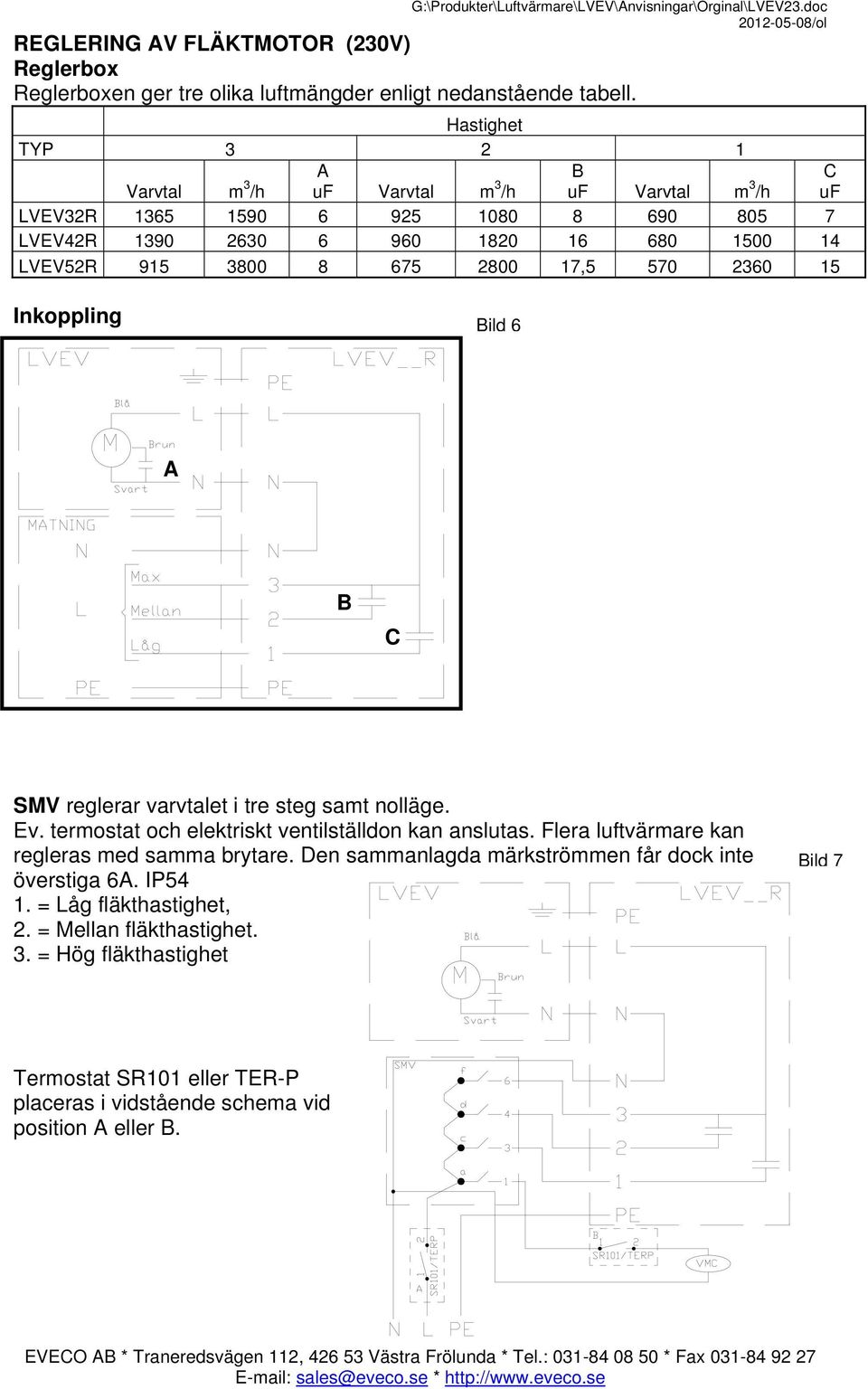 3800 8 675 2800 17,5 570 2360 15 Inkoppling Bild 6 A B C SMV reglerar varvtalet i tre steg samt nolläge. Ev. termostat och elektriskt ventilställdon kan anslutas.