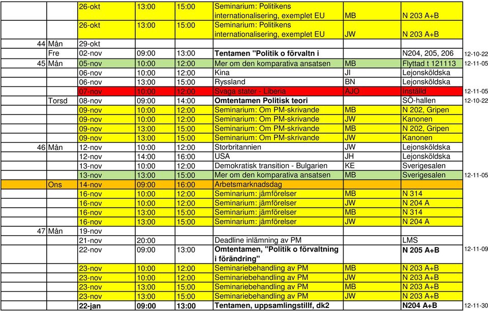 13:00 15:00 Ryssland BN 07-nov 10:00 12:00 Svaga stater - Liberia AJO Inställd 12-11-05 Torsd 08-nov 09:00 14:00 Omtentamen Politisk teori SÖ-hallen 12-10-22 09-nov 10:00 12:00 Seminarium: Om