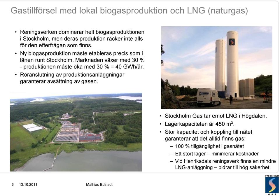 Röranslutning av produktionsanläggningar garanterar avsättning av gasen. Stockholm Gas tar emot LNG i Högdalen. Lagerkapaciteten är 450 m 3.