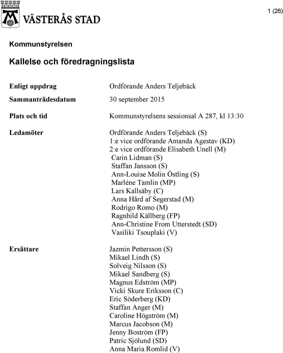 Marléne Tamlin (MP) Lars Kallsäby (C) Anna Hård af Segerstad (M) Rodrigo Romo (M) Ragnhild Källberg (FP) Ann-Christine From Utterstedt (SD) Vasiliki Tsouplaki (V) Jazmin Pettersson (S) Mikael Lindh