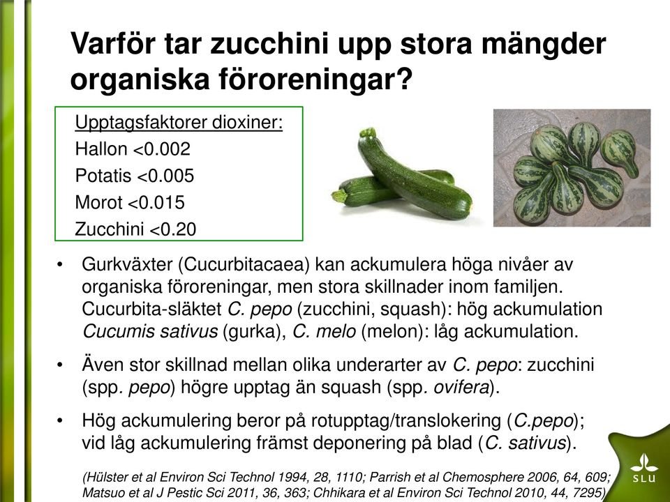 pepo (zucchini, squash): hög ackumulation Cucumis sativus (gurka), C. melo (melon): låg ackumulation. Även stor skillnad mellan olika underarter av C. pepo: zucchini (spp.