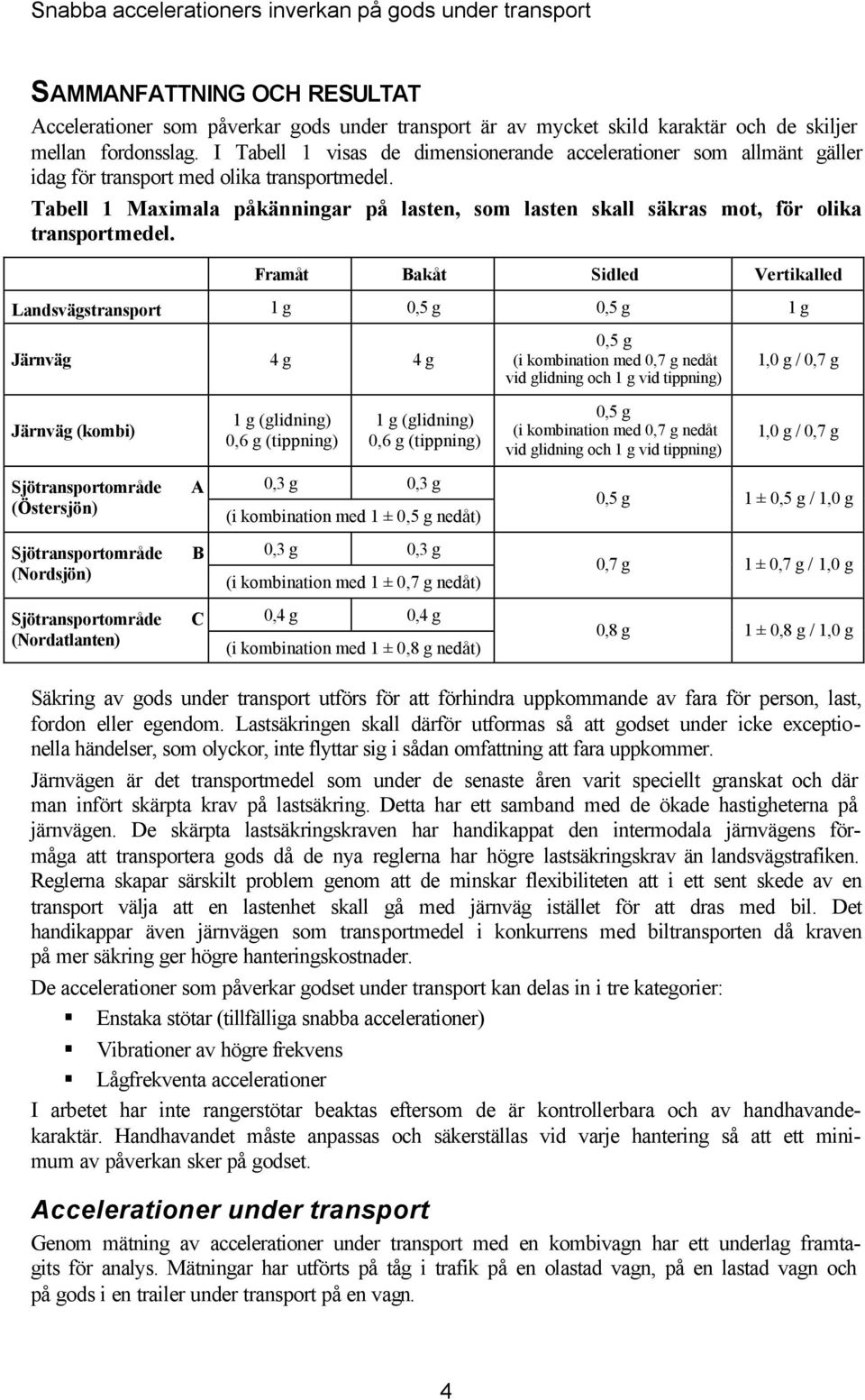 Tabell 1 Maximala påänningar på lasten, som lasten sall säras mot, för olia transportmedel.