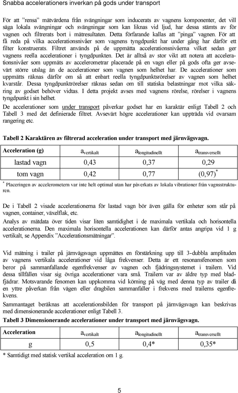 För att få reda på vila accelerationsnivåer som vagnens tyngdpunt har under gång har därför ett filter onstruerats.