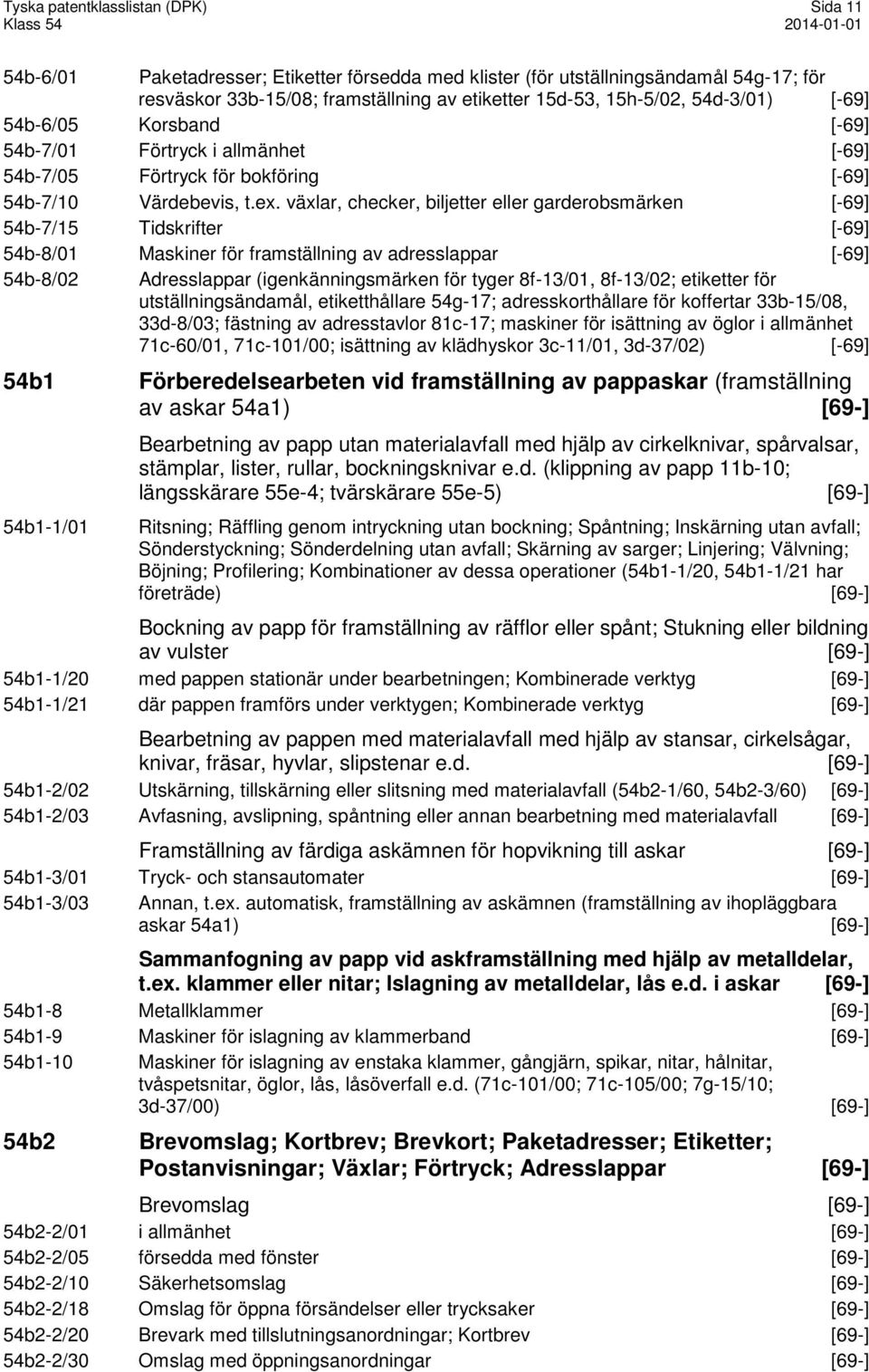 växlar, checker, biljetter eller garderobsmärken [-69] 54b-7/15 Tidskrifter [-69] 54b-8/01 Maskiner för framställning av adresslappar [-69] 54b-8/02 Adresslappar (igenkänningsmärken för tyger