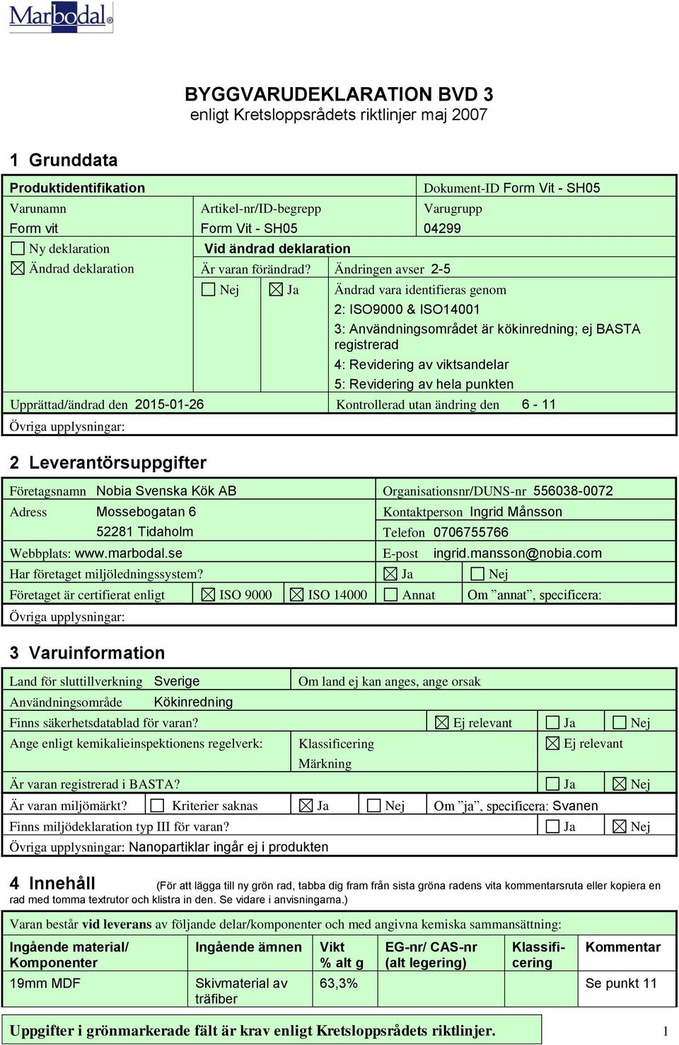 Ändringen avser 2-5 Nej Ja Ändrad vara identifieras genom 2: ISO9000 & ISO14001 3: Användningsområdet är kökinredning; ej BASTA registrerad 4: Revidering av viktsandelar 5: Revidering av hela punkten